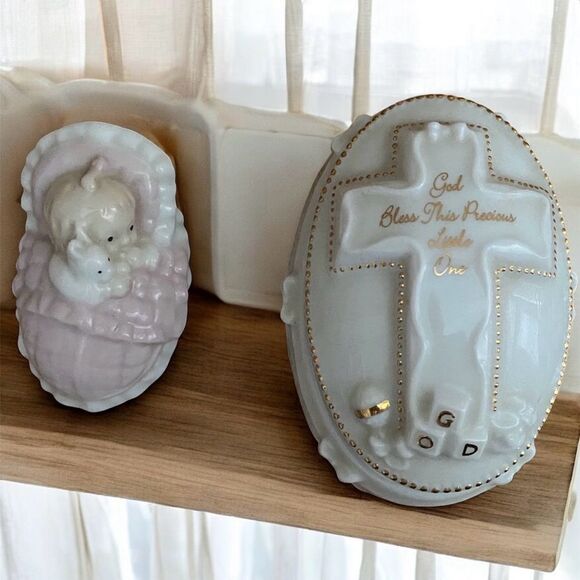 Two Roman Inc White & Pink Ceramic Keepsake Trinket Boxes Religious Cross Child - Picture 1 of 12